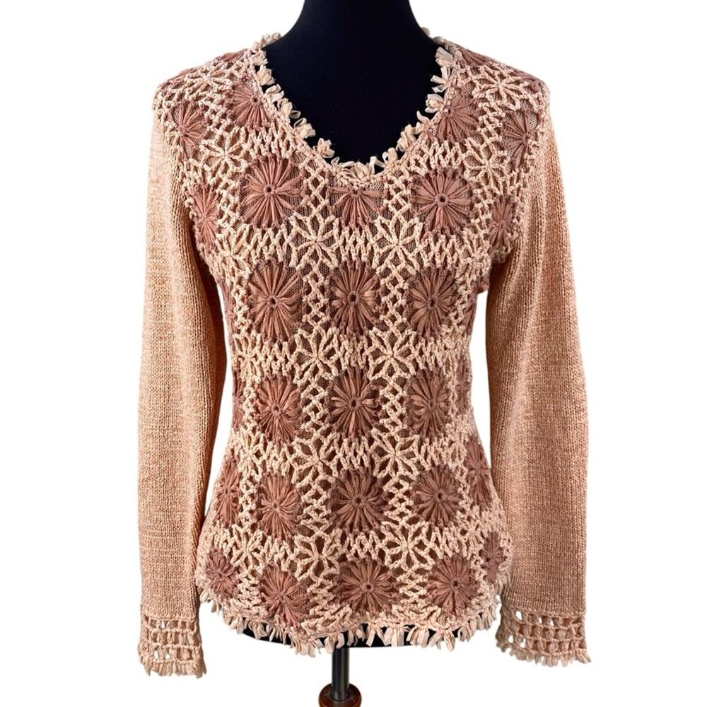 Vintage Boho Floral Crochet Sweater Size M Two Tone